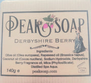 Handmade Soap Bar Derbyshire Berry By Peak Soap 140gm - A warm tangy fruity fragrance with components of dusky sandalwood, fresh strawberry & ripe blackberries.